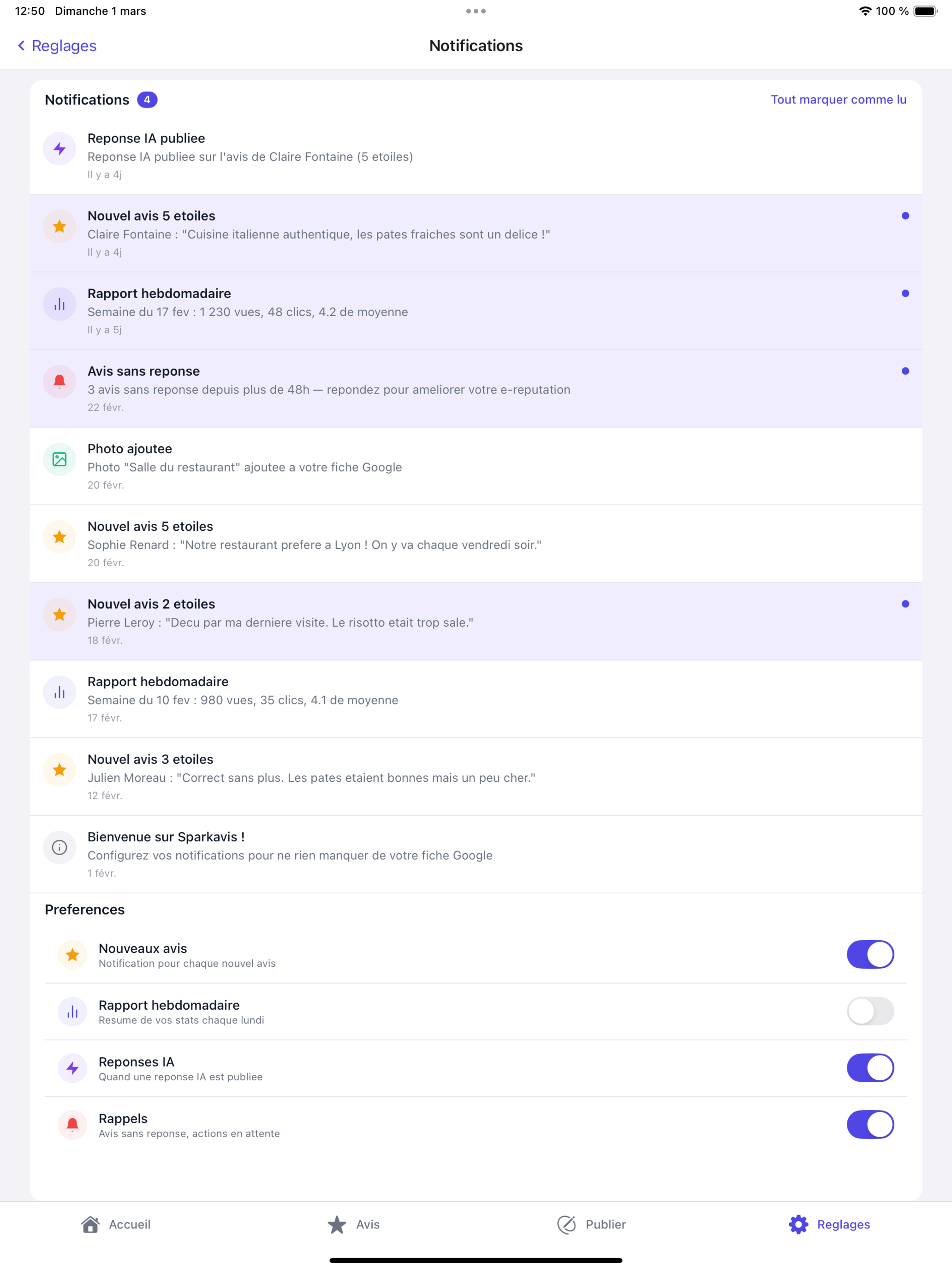 Notifications Sparkavis sur iPad