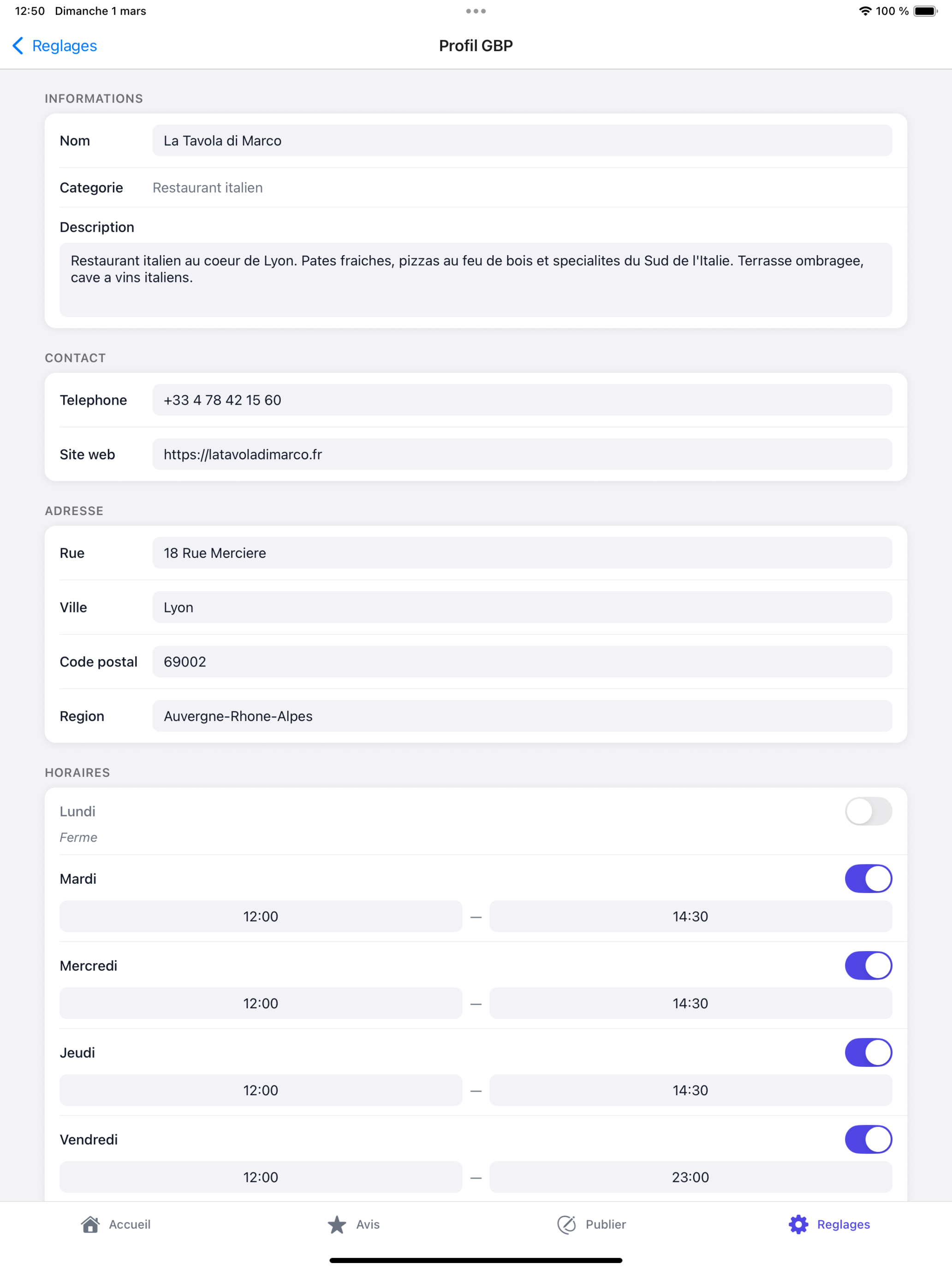 Edition du profil GBP sur iPad
